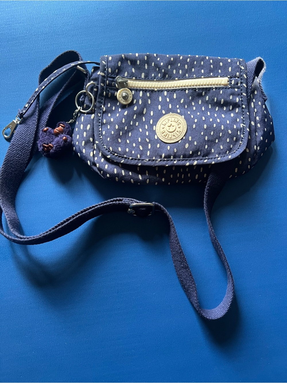 Kipling Navy Polka Dot Crossbody with Cream Trim. - Picture 2 of 11